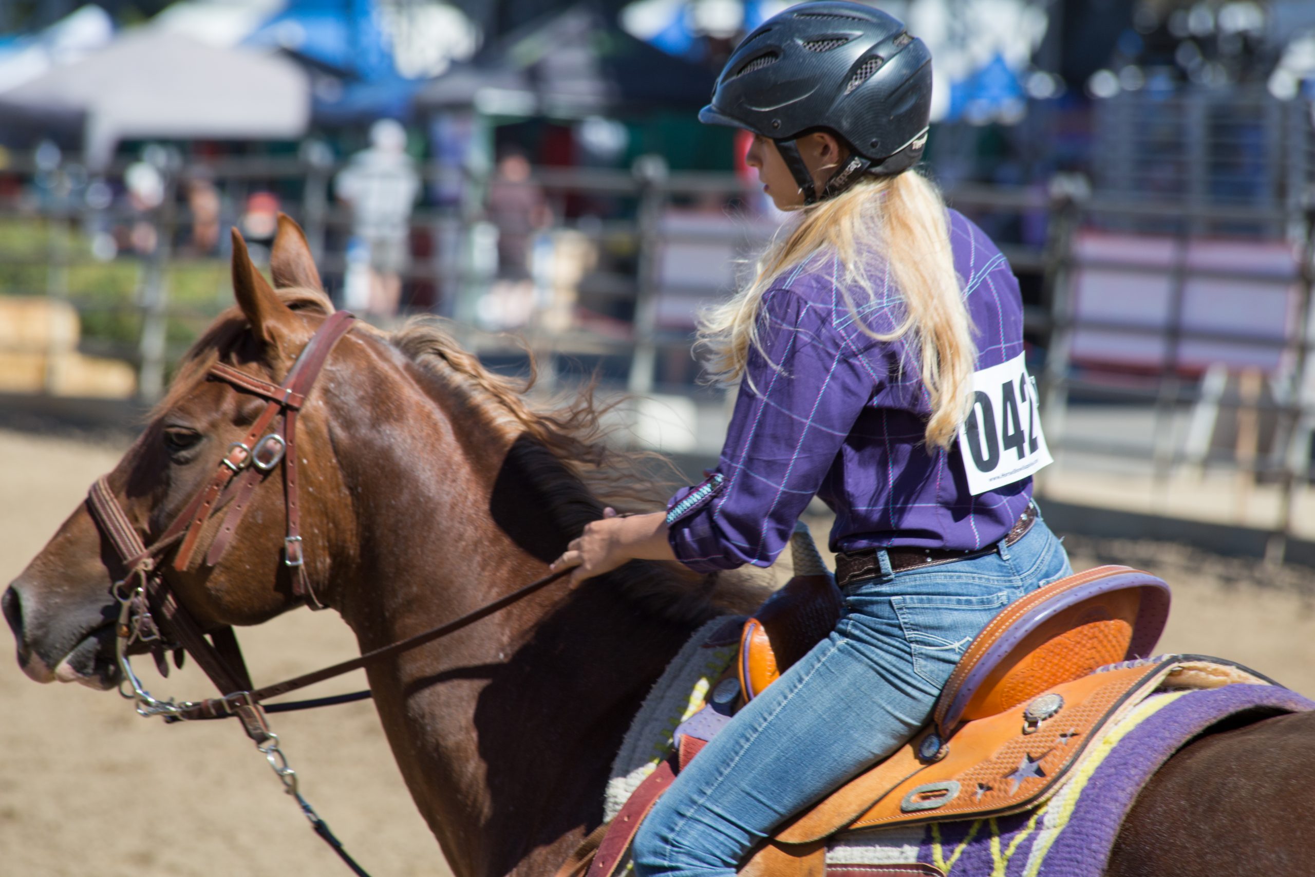 Horse exhibitor riding in the California State Fair horse arena