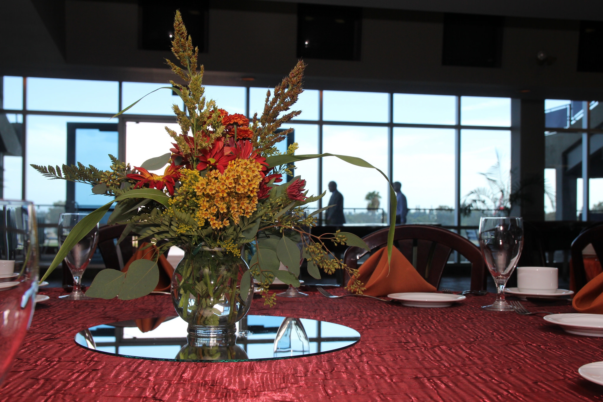 Table with large floral arrangement