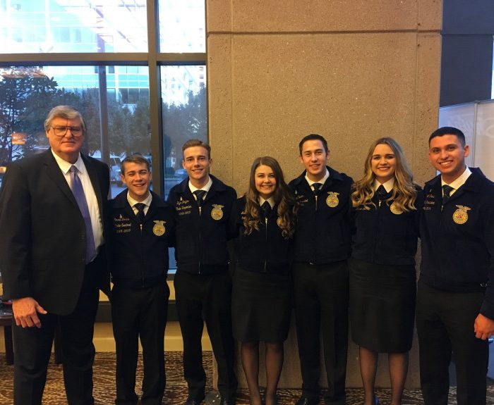 Dr. Lloyd McCabe of Dixon, left, with the 2018-2019 California State FFA Officers. He has been recognized by the California State Fair and named its 2019 Ag Progress Award winner. Courtesy Photo, Sheila McCabe