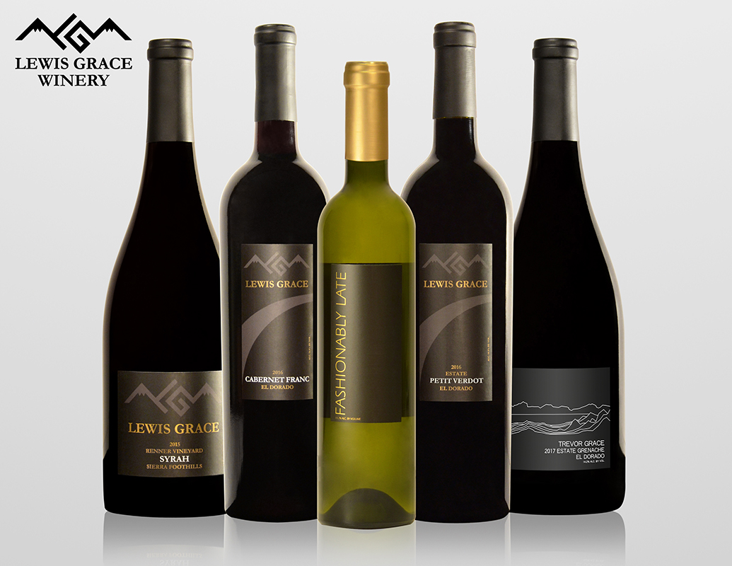 5 bottles of wine on a white background. They are 2019 Lewis Grace Winery State Fair Gold Winners