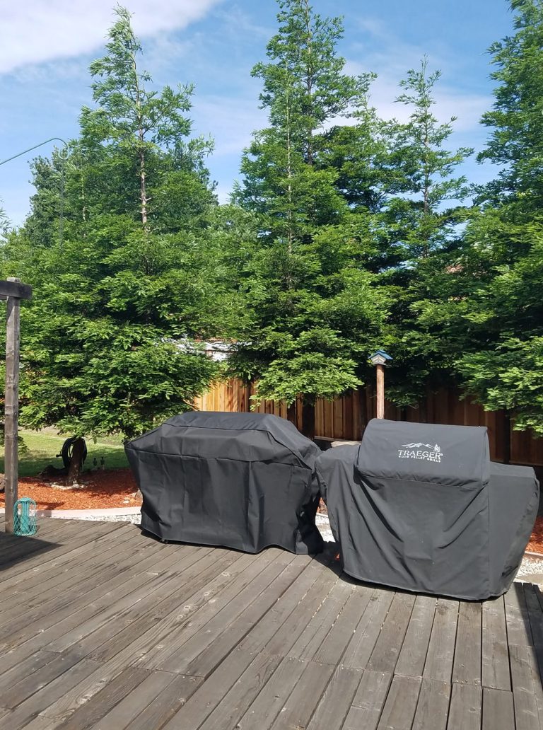 redwood trees with a wood deck patio and two bbq grills