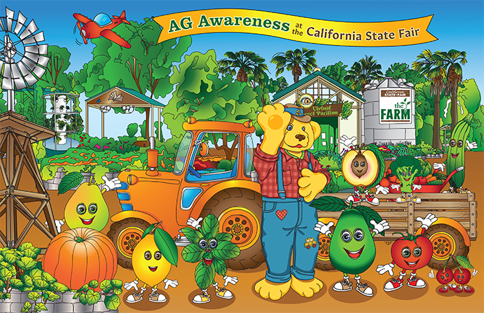 Ag Awareness at the California State Fair header image of Poppy with fruits and veggie friends.