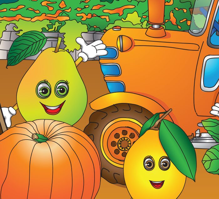 Illustrated cartoon pear and lemon standing in front of a tractor