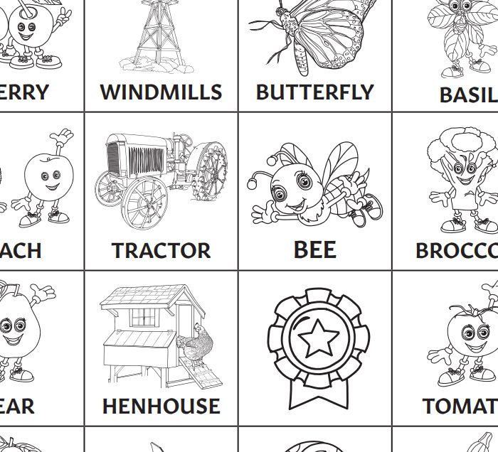 Illustrated insects and fruits at the CA State Fair Farm in a Bingo layout