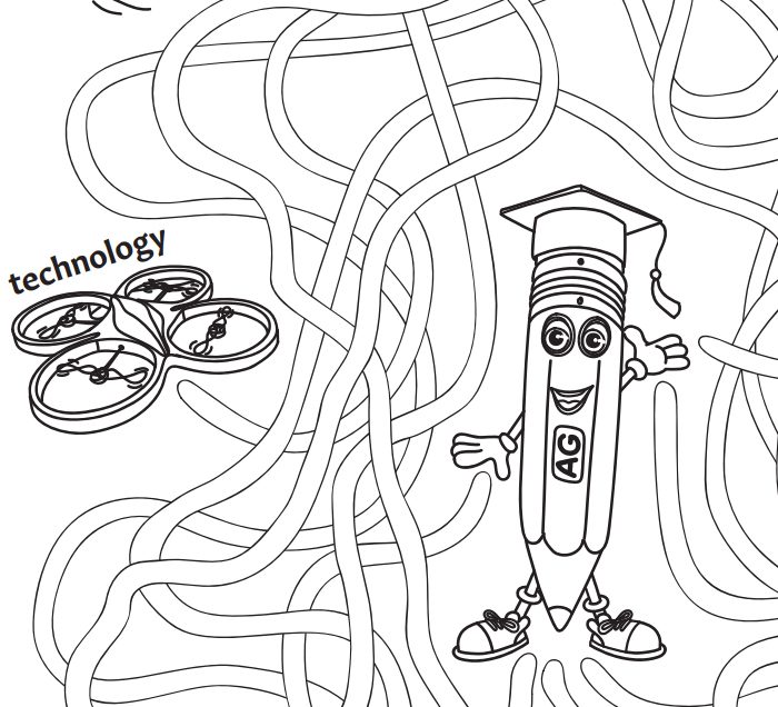 Illustrated cartoon pencil with a path maze surrounding it. Left side of artwork has a quadcopter with the word 