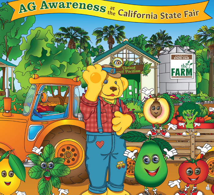 Ag Awareness Thumbnail featuring Poppy standing in front of a tractor with fruits and vegetables surrounding him. A banner at the top reads 