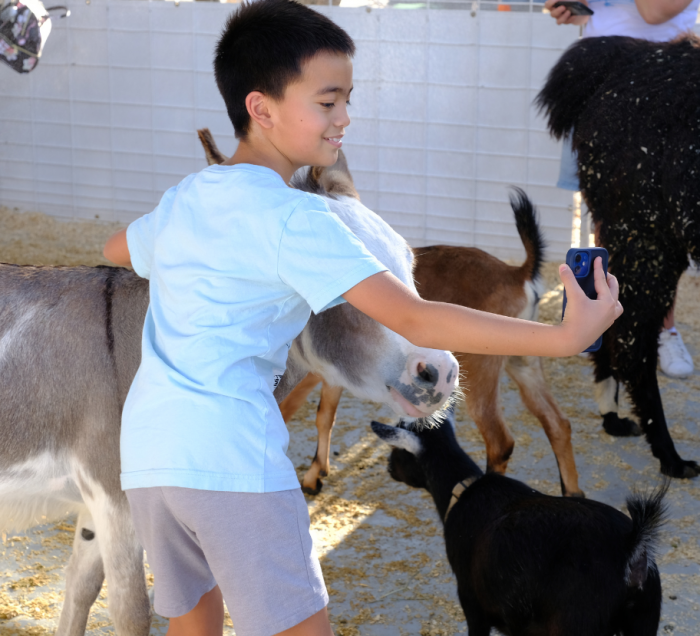 Young boy taking a selfie with a goat